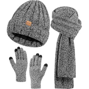 Womens Winter Beanie Warm Knit Hat Long Neck Scarf Touchscreen Gloves Set with Fleece Lined Skull Caps Gifts for Women Men