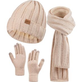 Womens Winter Beanie Warm Knit Hat Long Neck Scarf Touchscreen Gloves Set with Fleece Lined Skull Caps Gifts for Women Men