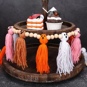 Whaline Halloween Ghosts Garland Tassel with Wood Beads Ghost Colorful Woven Tassel Banner Handmade Wall Hanging Decor for Home Classroom Party Decor Supplies