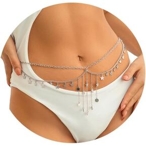 Summer Beach Star Waist Body Chain Jewelry,Metal Multi-layer Waist Chain Belt Bikini Star Sequin Tassel Hip Belly Chain Festival Rave Dress Waist Belt Jewelry for Women