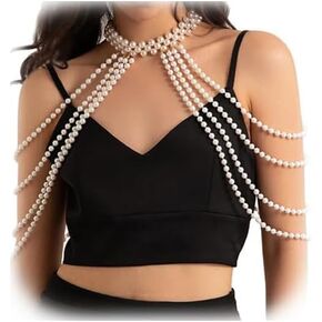 Sexy Pearl Tassel Shoulder Chain Jewelry Summer Beach Pearl Neck Chain Bikini Festival Rave Pearl Bra Bralette Pearl Shoulder Arm Body Chain Jewelry for Women