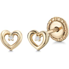 أقراط على شكل قلب صغير من الذهب الأصفر عيار 14 قيراط للفتيات مع مركز ماسي وإغلاق آمن in Kuwait