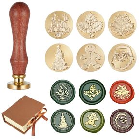 Wax Seal Stamp Gift Box Kit 6Pcs Christmas Sealing Wax Stamp Heads with 1 Wooden Hilt Wax Stamp Seal Kit for Envelopes Invitation Card Gift Packaging (Pattern Series)