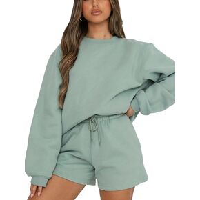 MakeMeChic Women's 2 Piece Outfits Long Sleeve Sweatshirts and Drawstring Shorts Sweatsuit Sets