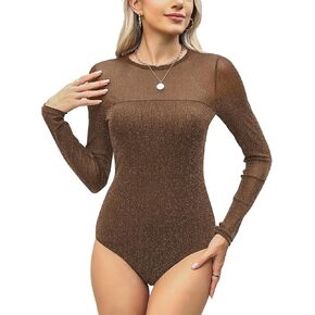 Womens Sparkly Mesh Sheer Bodysuit Glitter Long Sleeve See Through Body Suits Sexy Going Out Bodysuits Tops