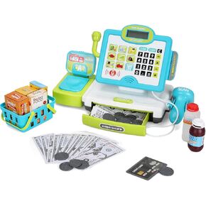 FS Toy Cash Register for Kids, Pretend Play Supermarket Playset with Real Calculator, Play Store Kids Cash Register with Scanner and Credit Card, Learn Counting Toys for Boys and Girls Ages 3 4 5 8 12