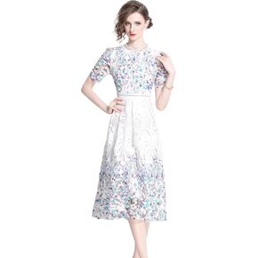 LAI MENG FIVE CATS Women's Lace Floral Short Sleeve Crochet Waist Cocktail Midi Dress