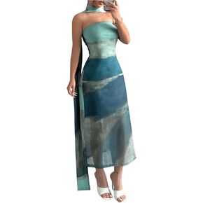Floerns Women's Tie Dye Mesh Strapless Tube Top Dress Cocktail Midi Dress with Ribbon