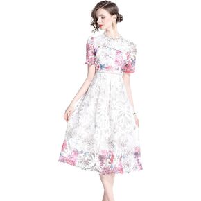 LAI MENG FIVE CATS Women's Lace Floral Short Sleeve Crochet Waist Cocktail Midi Dress in Kuwait