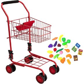 The New York Doll Collection Toy Shopping Cart for Kids and Toddler - Includes Food - Folds for Easy Storage - with Sturdy Metal Frame (Red) in Saudi Arabia