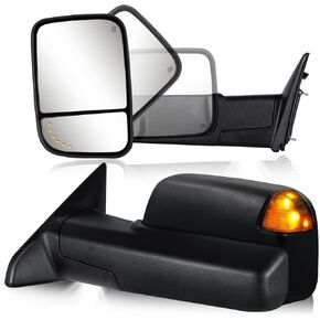 Towing Mirrors Pair Set for 2009-2018 Dodge Ram 1500, 2010-2018 Ram 2500 3500, 2019-2024 Ram Classic Tow Mirrors with Turn Signal Light Puddle Lamp Manual Flip Up Power Heated (Smoke Lens)