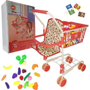 The New York Doll Collection Toy Shopping Cart for Kids and Toddler - Includes Food - Folds for Easy Storage - with Sturdy Metal Frame (Red)