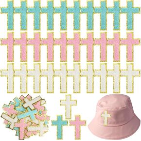 Lyrow ​​48 Pcs Chenille Cross Patches Iron on Cross Chenille Patch Embroidery Gold Border Cross Applique Patches Cross Sewing Decorating Craft Patches for Clothing Jeans Jackets Backpacks Hats Decor