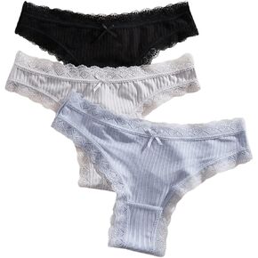 Women's Low Rise Lace Trim Seamless Underwear Comfy Bowknot Thongs Breathable Cute Panties Pack of 3