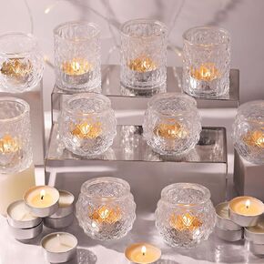 12Pcs Green Votive Candle Holders with 12Pcs Tea Lights Candles- Round Glass Candle Holders Bulk for Table Centerpiece, Tea Lights Candle Holders for Wedding Home Party & Gift