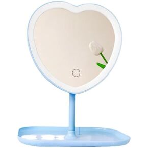 Vanity Mirror, Heart-Shaped Makeup Mirror with Three-Level Dimming and LED Lights for Girls and Students (Blue)