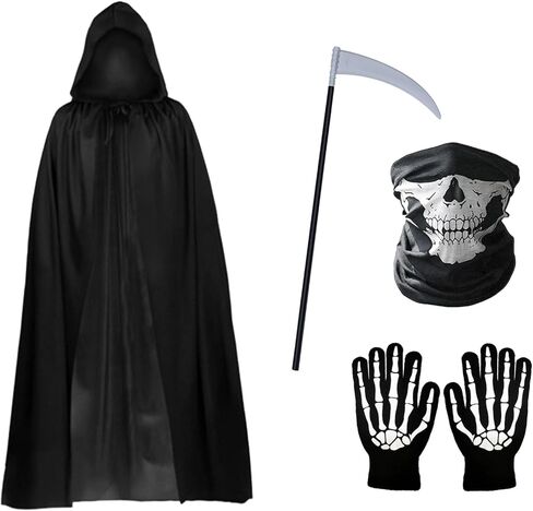 WKLOUYHE زي الهالوين غريم ريبر عباءة سوداء بغطاء للرأس مع قناع جمجمة منجل وقفازات هيكل عظمي للرجال والنساء in Kuwait