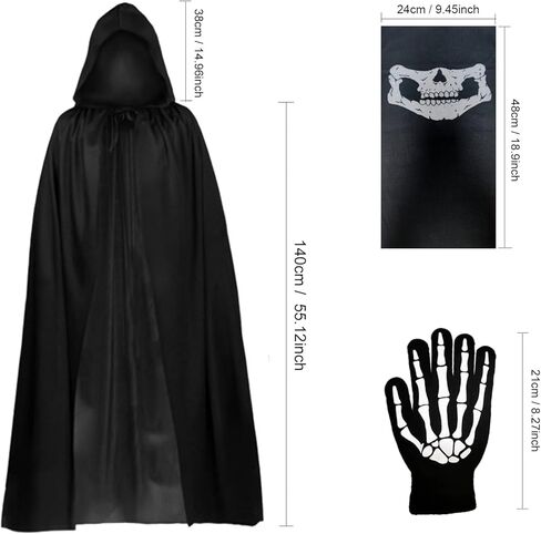 WKLOUYHE زي الهالوين غريم ريبر عباءة سوداء بغطاء للرأس مع قناع جمجمة منجل وقفازات هيكل عظمي للرجال والنساء in Kuwait