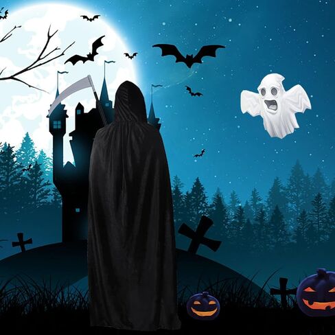 WKLOUYHE زي الهالوين غريم ريبر عباءة سوداء بغطاء للرأس مع قناع جمجمة منجل وقفازات هيكل عظمي للرجال والنساء in Kuwait