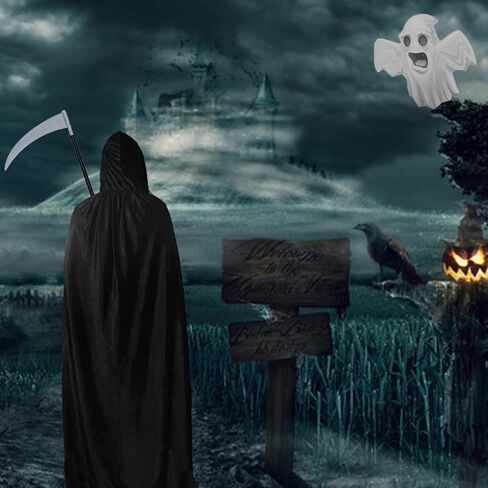 WKLOUYHE زي الهالوين غريم ريبر عباءة سوداء بغطاء للرأس مع قناع جمجمة منجل وقفازات هيكل عظمي للرجال والنساء in Kuwait