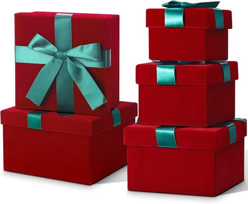 Tenceur 5 Pcs Christmas Gift Boxes Red Assorted Gift Boxes with Lids Velvet Gift Box Birthday Gift Box with Ribbon for Festival Christmas Birthday Weddings in Saudi Arabia