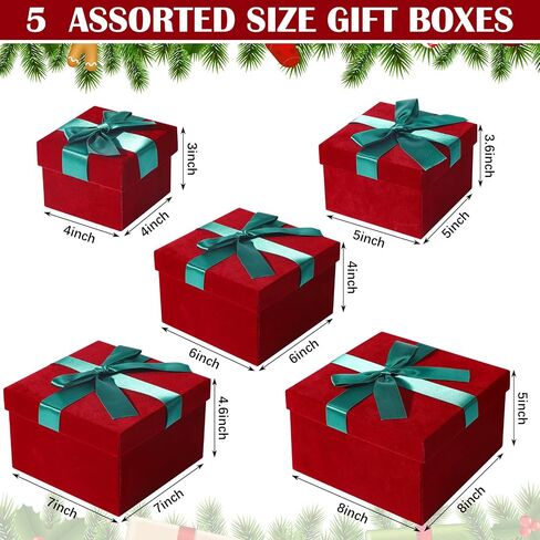 Tenceur 5 Pcs Christmas Gift Boxes Red Assorted Gift Boxes with Lids Velvet Gift Box Birthday Gift Box with Ribbon for Festival Christmas Birthday Weddings in Saudi Arabia