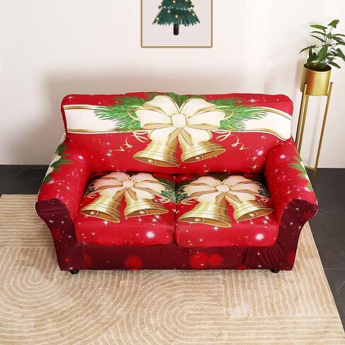 XMNTG Stretch Loveseat Sofa Slipcover 3 Pieces Christmas Theme Couch Cover Jingle Bell Printed Christmas Home Decor Removable Non Slip Washable Furniture Protector for Sitting Room Kids Dogs in Kuwait