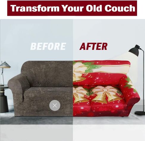 XMNTG Stretch Loveseat Sofa Slipcover 3 Pieces Christmas Theme Couch Cover Jingle Bell Printed Christmas Home Decor Removable Non Slip Washable Furniture Protector for Sitting Room Kids Dogs in Kuwait