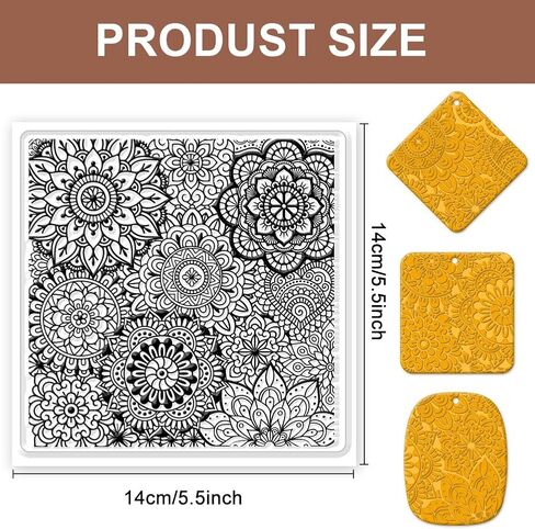 CHGCRAFT Polymer Clay Texture Sheets Mandala Silicone Texture Stamp Clear Clay Silicone Texture Sheets Polymer Clay Texture Silicone Mat Flower Pattern Pad for Making Earrings Jewerly, 5.5x5.5inch in Saudi Arabia