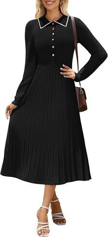 MIROL Women's Pleated Contrast Sweater Dress 2024 Fall Long Sleeve Button Lapel Collar Maxi Bodycon Dress in Saudi Arabia