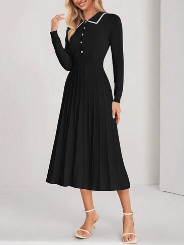 MIROL Women's Pleated Contrast Sweater Dress 2024 Fall Long Sleeve Button Lapel Collar Maxi Bodycon Dress in Saudi Arabia
