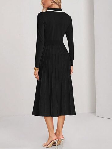 MIROL Women's Pleated Contrast Sweater Dress 2024 Fall Long Sleeve Button Lapel Collar Maxi Bodycon Dress in Saudi Arabia