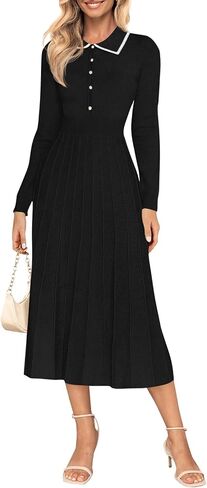 MIROL Women's Pleated Contrast Sweater Dress 2024 Fall Long Sleeve Button Lapel Collar Maxi Bodycon Dress in Saudi Arabia
