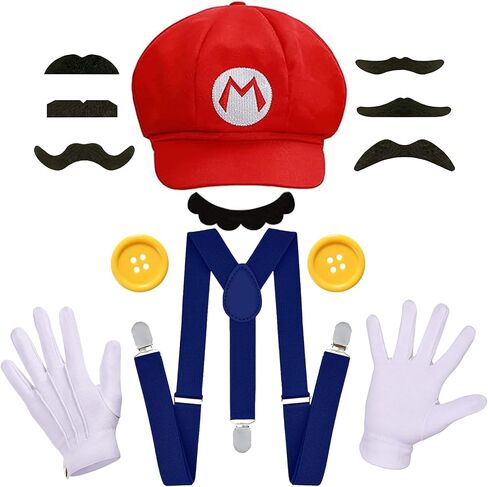 Novelty Mari and Luigi Costume for Adult,Women and Men - Complete Halloween & Cosplay Accessory Set with Hat, Mustache, Gloves, Buttons, and Suspenders, Standard, Red in Saudi Arabia