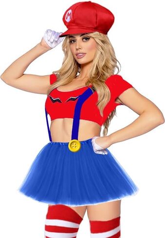 Novelty Mari and Luigi Costume for Adult,Women and Men - Complete Halloween & Cosplay Accessory Set with Hat, Mustache, Gloves, Buttons, and Suspenders, Standard, Red in Saudi Arabia