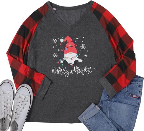 Plus Size Christmas Shirt Women Gnomes Plaid Splicing Raglan T-Shirt Xmas Holiday Casual Long Sleeve Tee in Saudi Arabia