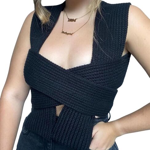 JUMISEE Women's Sexy Wrap Around Strappy Crop Top Knit Multi Wear Sweater Tank Tops Sleeveless Bandage Vest in Kuwait
