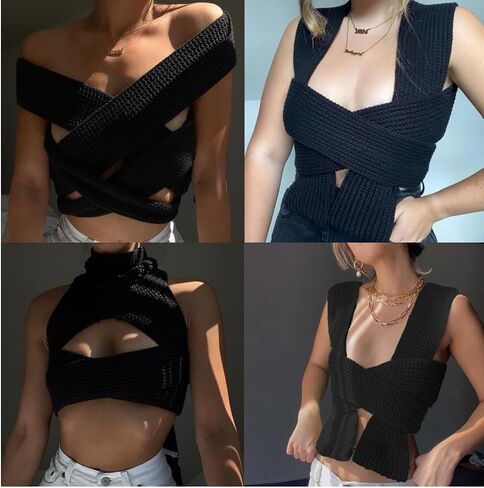 JUMISEE Women's Sexy Wrap Around Strappy Crop Top Knit Multi Wear Sweater Tank Tops Sleeveless Bandage Vest in Kuwait