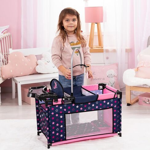 دمى باير ديزاين: أسرة متعددة - أزرق داكن، وردي، جنية، نجوم - روضة للدمى حتى 18 بوصة، كرسي مرتفع ومحمول مدمج، وسادة وبطانية، لعبة للأطفال بعمر 3 سنوات فما فوق in Kuwait