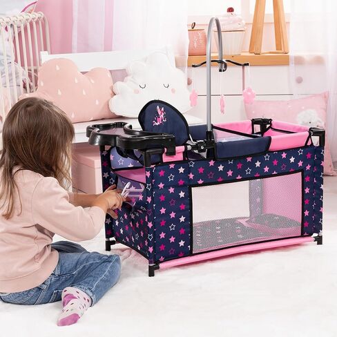 دمى باير ديزاين: أسرة متعددة - أزرق داكن، وردي، جنية، نجوم - روضة للدمى حتى 18 بوصة، كرسي مرتفع ومحمول مدمج، وسادة وبطانية، لعبة للأطفال بعمر 3 سنوات فما فوق in Kuwait