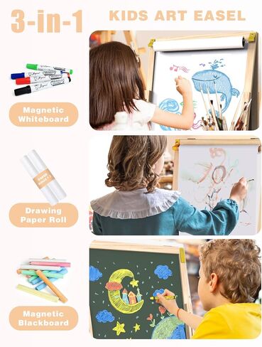 Joyooss Art Easel for Kids with Double-Sided Magnetic, Wooden Standing Kids Easel with Dry Erase Whiteboard & Chalkboard, Height Adjustable Children Easel with Paper Roll, Bonus Toddler Art Supplies in Saudi Arabia