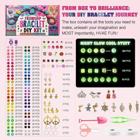 Dupamind Friendship Charm Bracelet Making Kit for Girls 2800 PCS, Glow in The Dark Beads, Pony Beads, Rainbow Beads, Letter & Heart Beads, 20 Meter Elastic Threads, Craft Gift for Kids, Birthday Party in Saudi Arabia