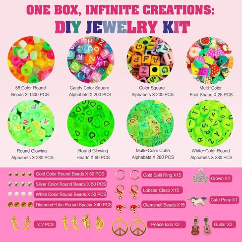 Dupamind Friendship Charm Bracelet Making Kit for Girls 2800 PCS, Glow in The Dark Beads, Pony Beads, Rainbow Beads, Letter & Heart Beads, 20 Meter Elastic Threads, Craft Gift for Kids, Birthday Party in Saudi Arabia
