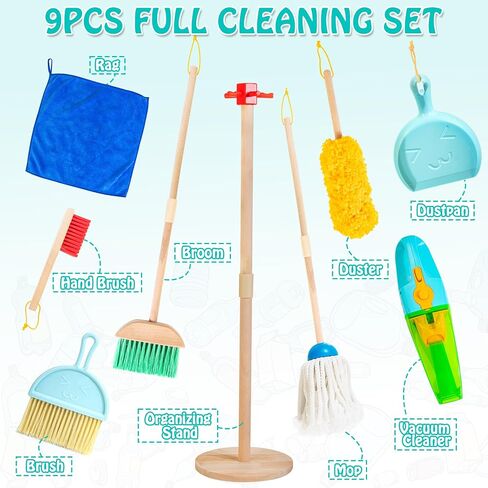 HELLOWOOD Kids Cleaning Set, 8pcs Housekeeping Play Set Includes Broom Mop Duster Dustpan Brushes Rag and Organizing Stand, Cleaning Toys Gift for Toddlers Girls Boys Age 3-6, Solid Beech Wood in Saudi Arabia