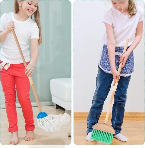 HELLOWOOD Kids Cleaning Set, 8pcs Housekeeping Play Set Includes Broom Mop Duster Dustpan Brushes Rag and Organizing Stand, Cleaning Toys Gift for Toddlers Girls Boys Age 3-6, Solid Beech Wood in Saudi Arabia