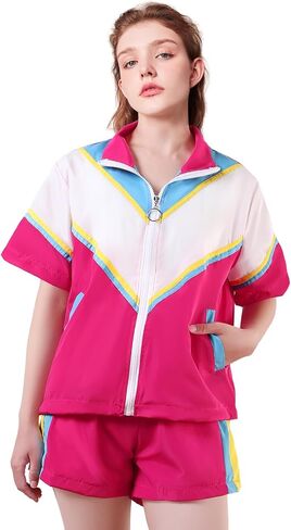 80 s Outfits for Women Color Block 2 Piece Windbreaker Neon Outfits Women Short Sleeve Track Suit for Disco Party in Saudi Arabia