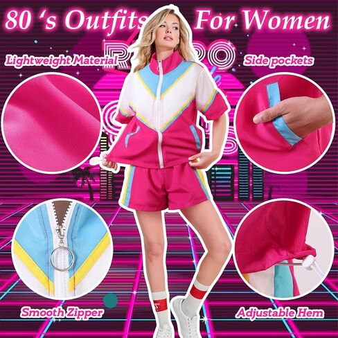 80 s Outfits for Women Color Block 2 Piece Windbreaker Neon Outfits Women Short Sleeve Track Suit for Disco Party in Saudi Arabia
