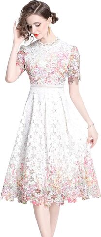 LAI MENG FIVE CATS Women's Lace Floral Short Sleeve Crochet Waist Cocktail Midi Dress in Saudi Arabia