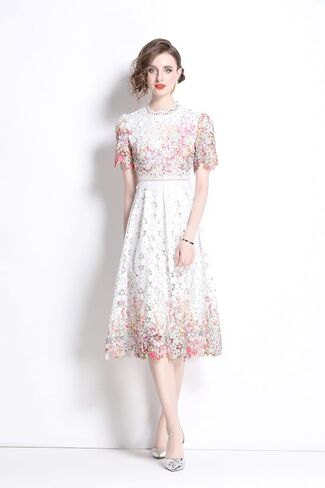 LAI MENG FIVE CATS Women's Lace Floral Short Sleeve Crochet Waist Cocktail Midi Dress in Saudi Arabia