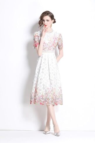 LAI MENG FIVE CATS Women's Lace Floral Short Sleeve Crochet Waist Cocktail Midi Dress in Saudi Arabia
